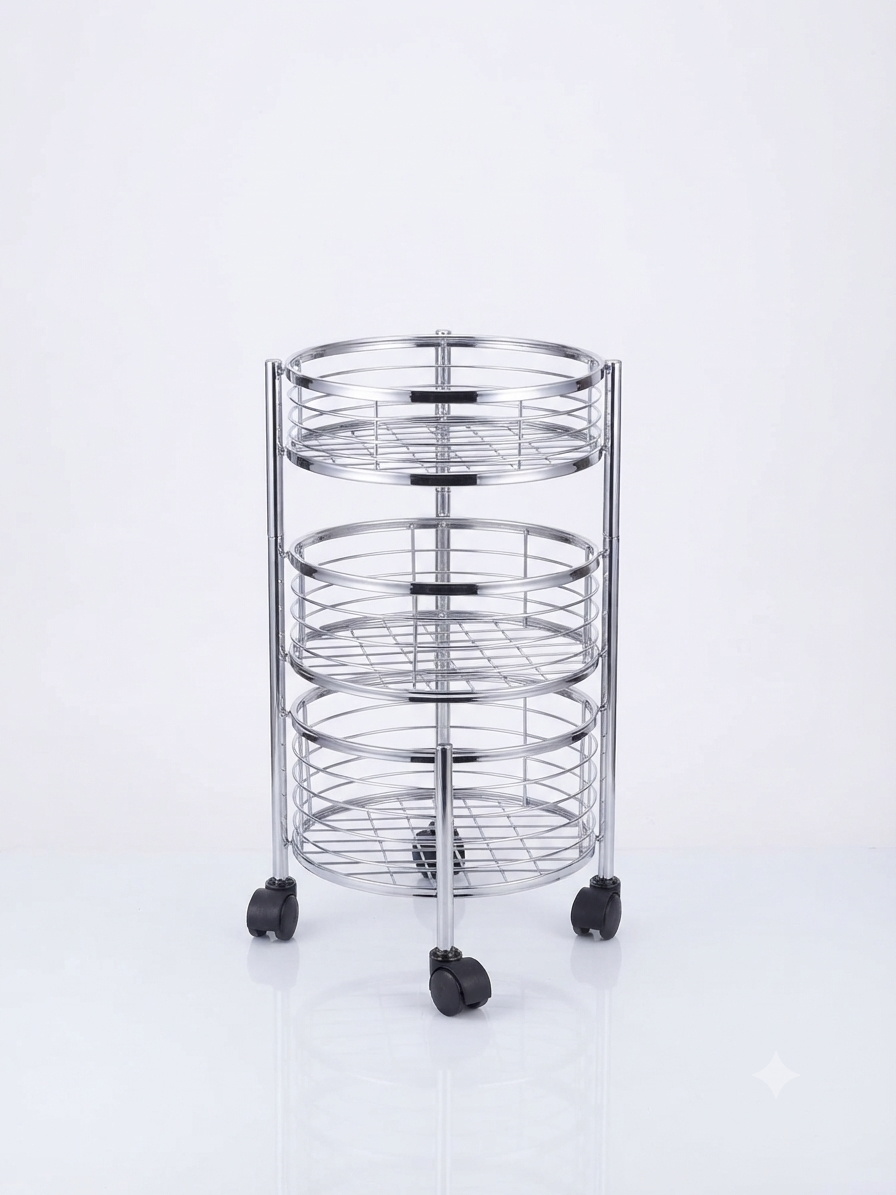 3 Tier Stainless Steel Round Kitchen Trolley with Rotating Baskets & Wheels | Multipurpose Fruit & Vegetable Storage Rack