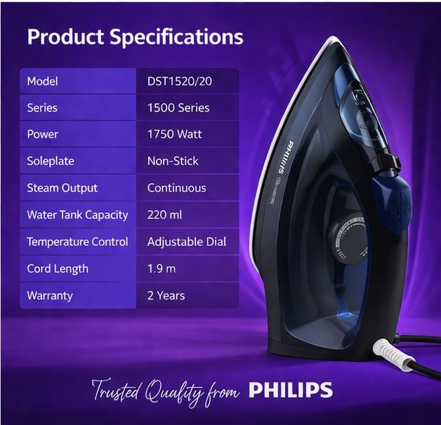 Philips EasySpeed Steam Iron DST1520/20 (1400W, Blue) - Fast Heating & Non-Stick Soleplate