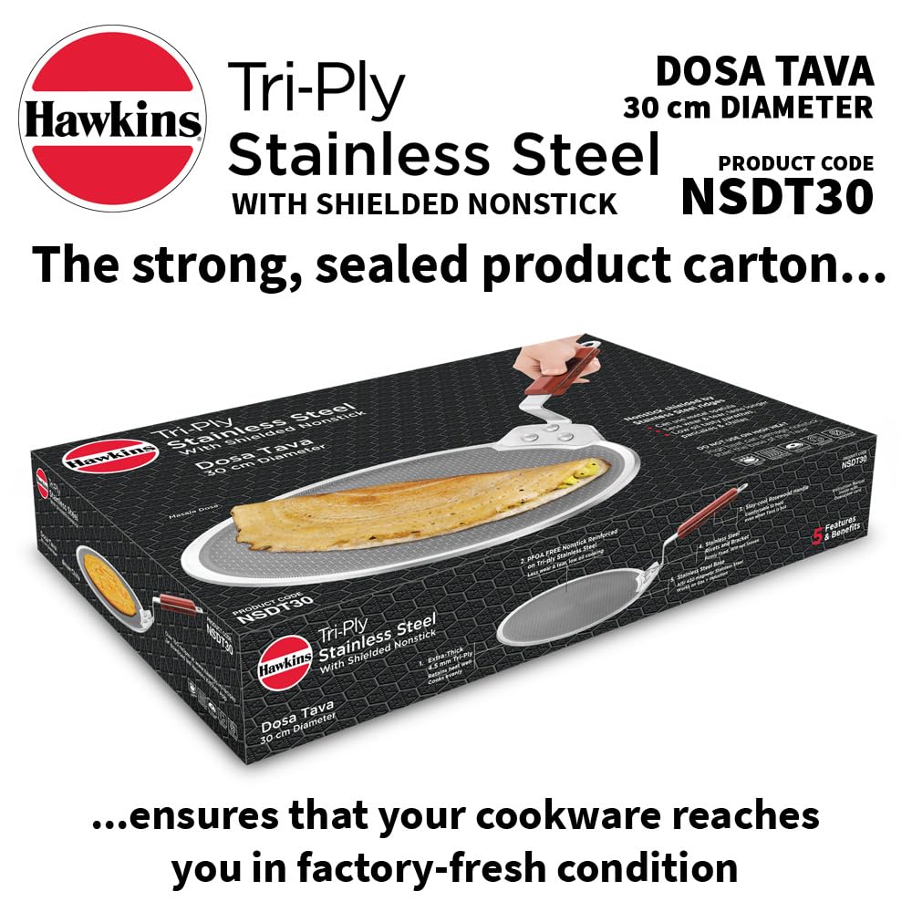 Hawkins Tri-Ply Stainless Steel Dosa Tava, 30 cm (NSDT30) | Shielded Nonstick & Induction Base