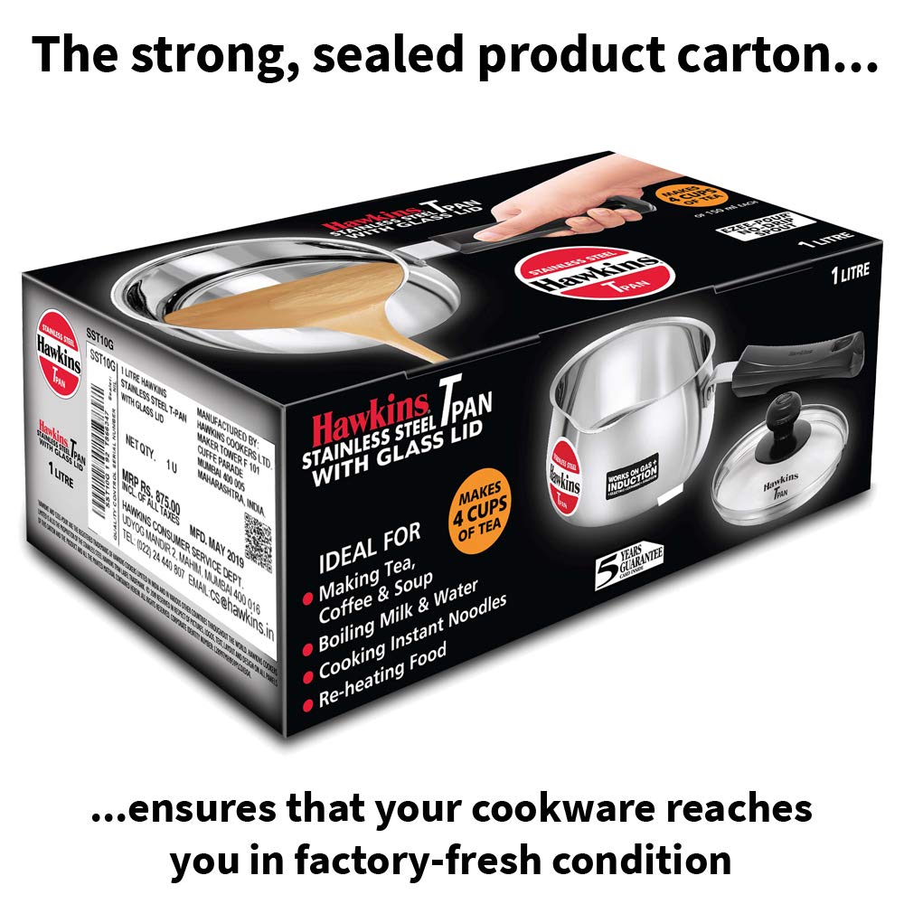 Hawkins Stainless Steel Tea Pan with Glass Lid, 1 Litre (SST10G) | Induction Compatible Saucepan / Chai Pan