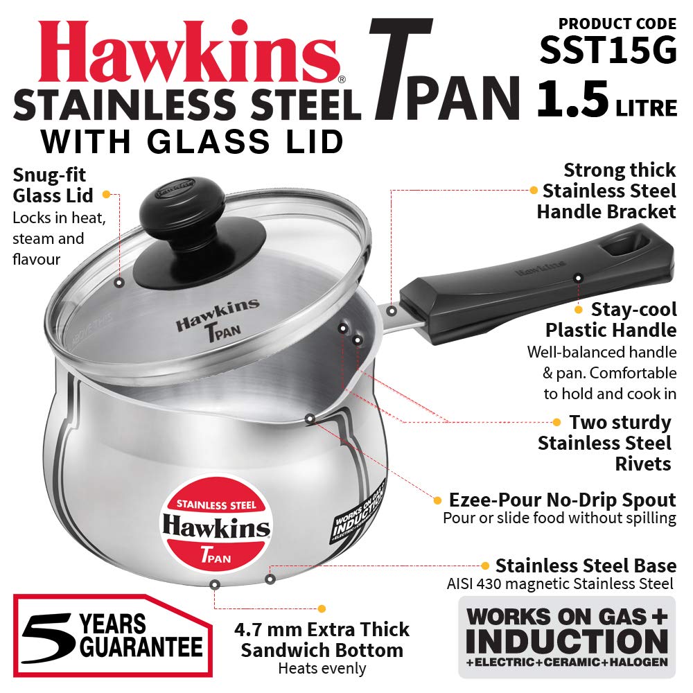 Hawkins Stainless Steel Tea Pan with Glass Lid, 1.5 Litre (SST15G) | Induction Compatible Saucepan / Chai Pan