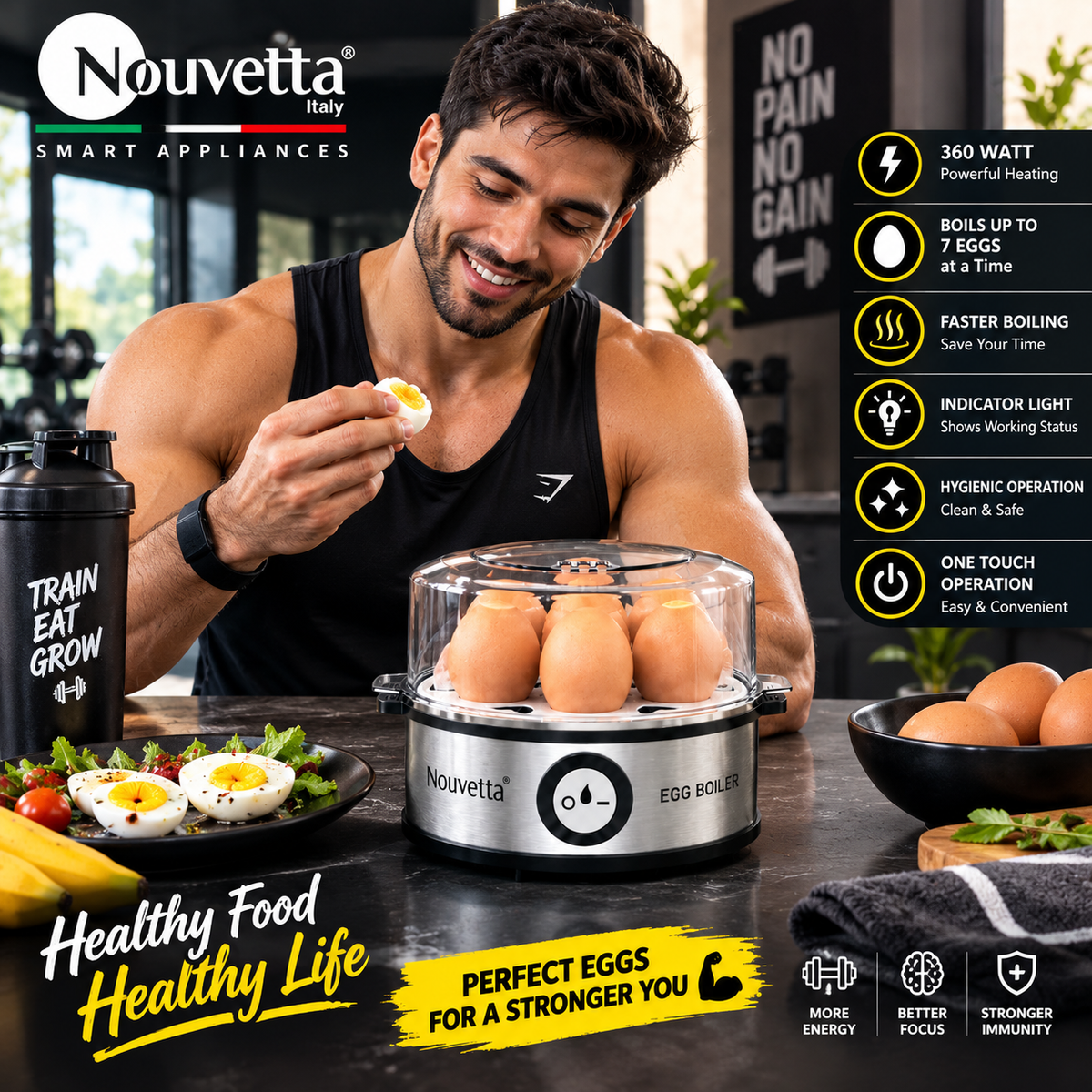 Nouvetta Italy 360W Electric Egg Boiler - Instant 7 Egg Cooker with Stainless Steel Heating Plate & Auto Shut-Off