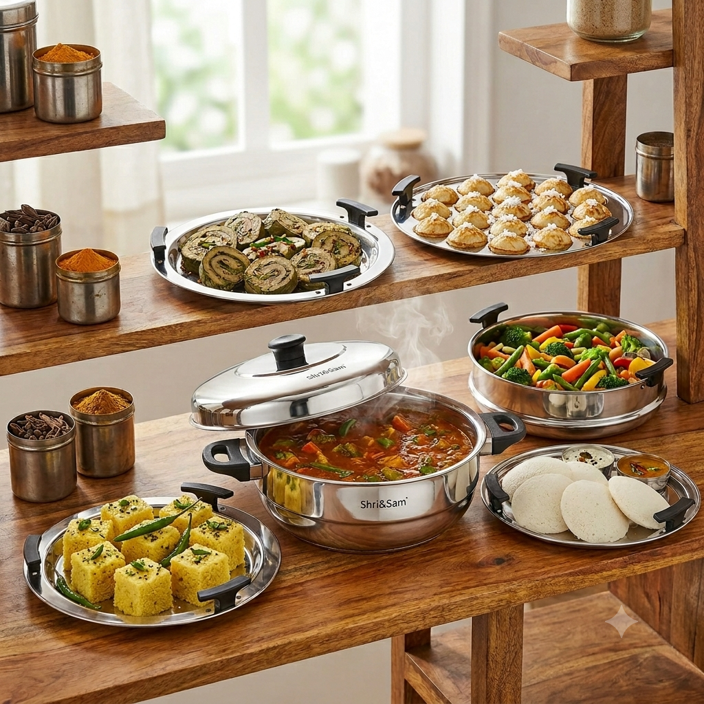 Shri & Sam Premium Stainless Steel Tri-Ply Multikadhai | 7-in-1 Multi-Purpose Cooker & Steamer Set with 5 Plates (Idli, Dhokla, Momo, Appam & Patra) | Gas & Induction Friendly (26 cm)