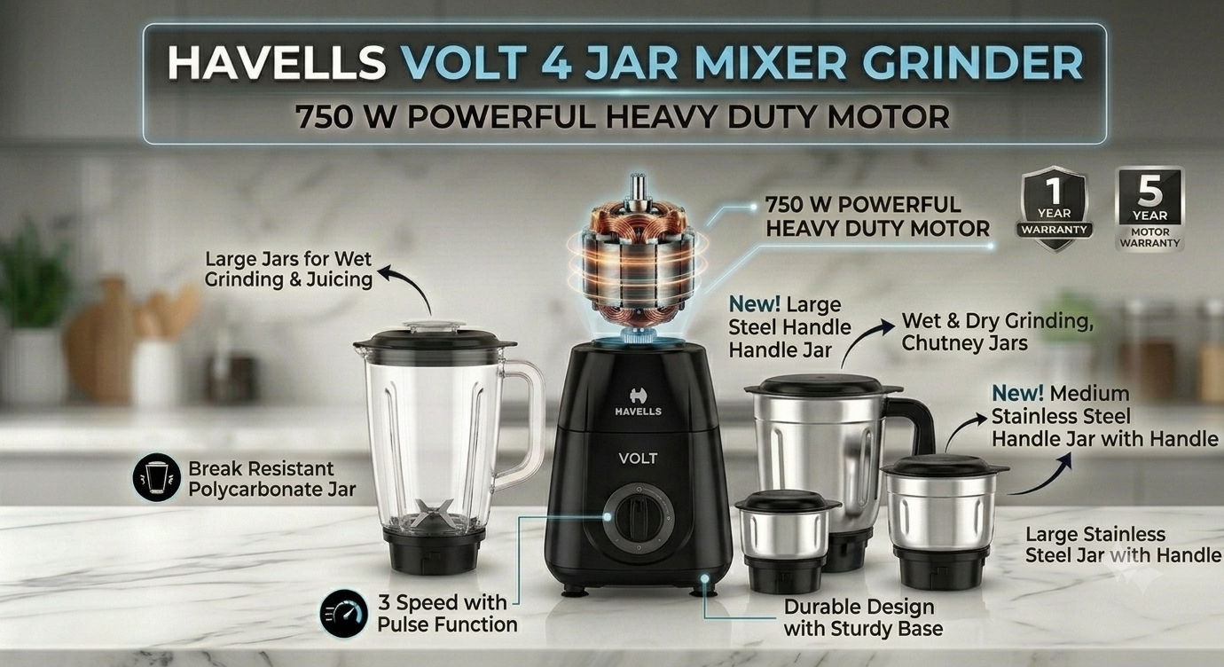 Havells Volt 750W Mixer Grinder with 4 Jars | Powerful Heavy-Duty Motor (Black)