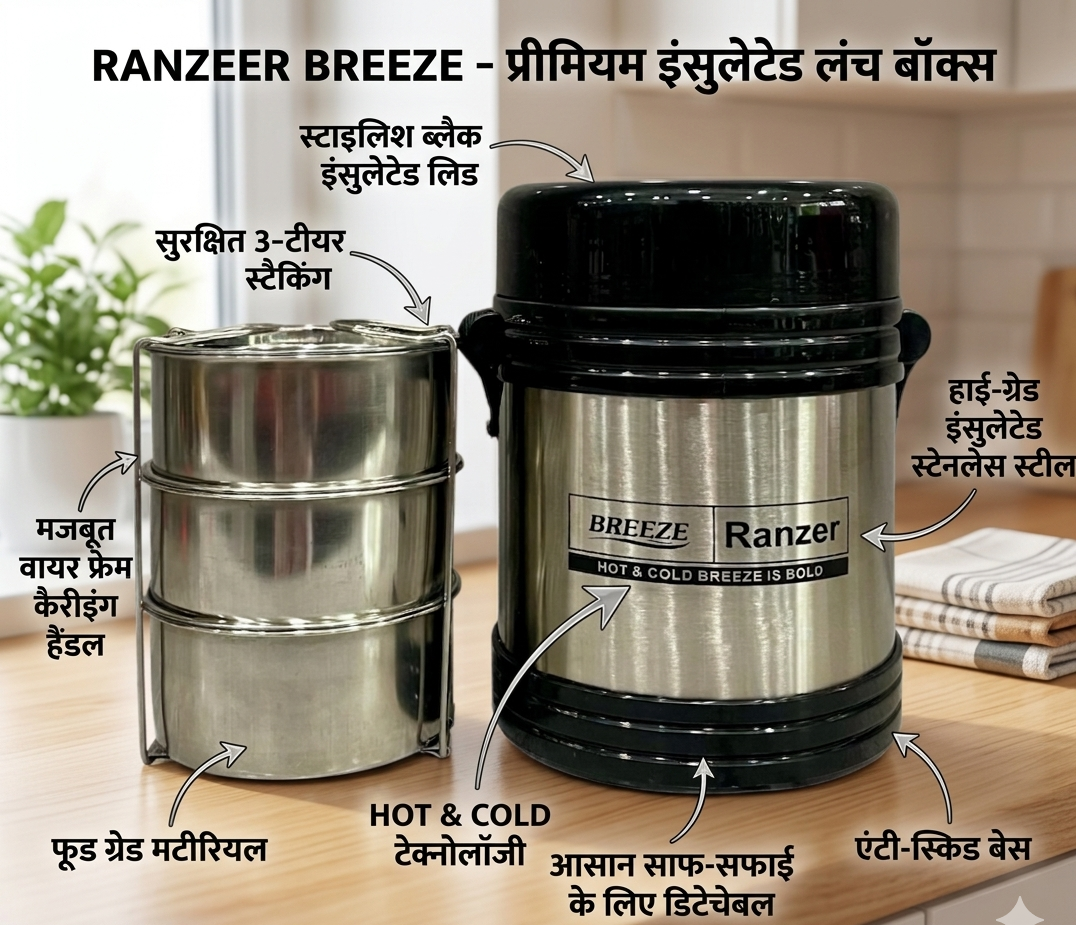 Breeze Ranzer Premium 3-Tier Stainless Steel Lunch Box | 900ml Vacuum Insulated Tiffin Box (Hot & Cold)