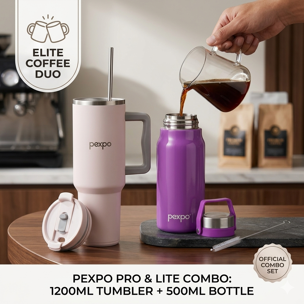 Pexpo Elite Hydration Duo | Stanzy Vacuum Tumbler (1200ml) + Pluto Stainless Steel Bottle (450ml)