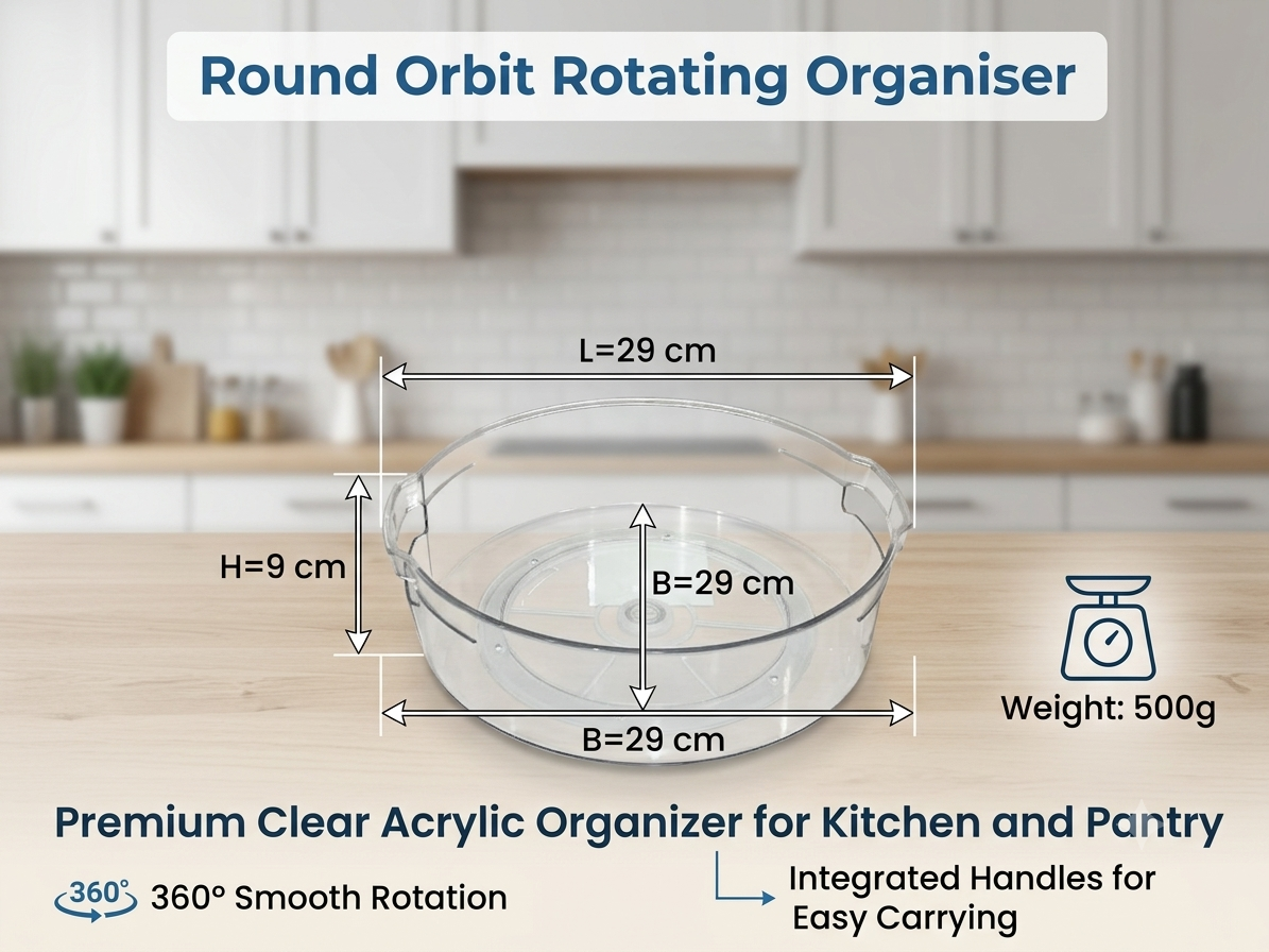 Acralic Round Orbit Rotating Organiser – 360° Clear Acrylic Lazy Susan Tray with Side Handles for Kitchen, Pantry & Vanity (29 cm)