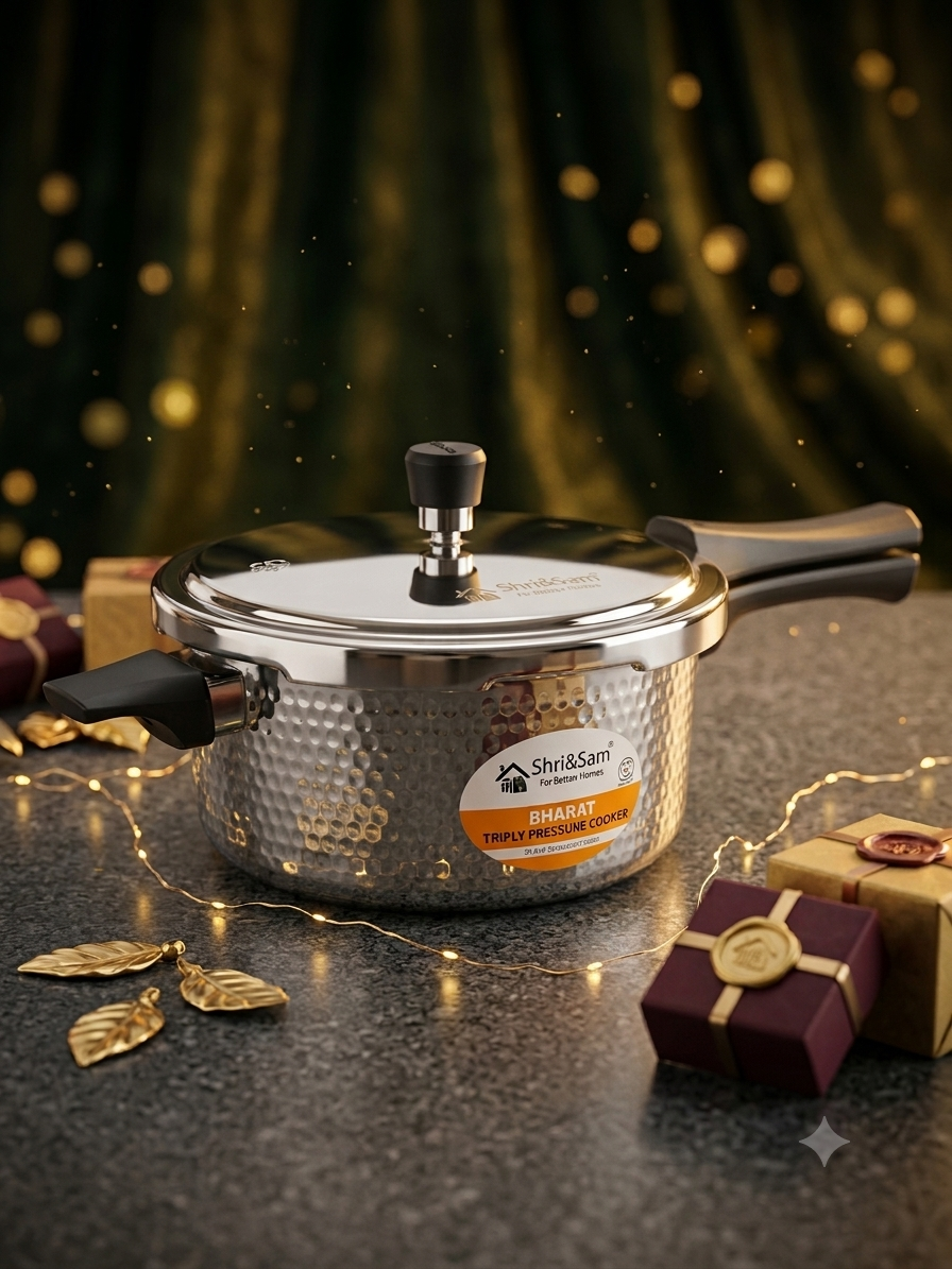 Shri & Sam Tri-Ply Stainless Steel 3L Outer Lid Hammered Pressure Cooker