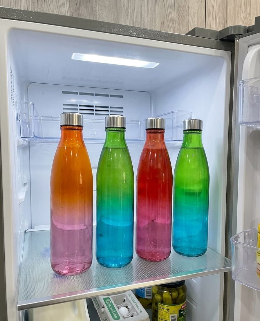 Ombre Glass Water Bottle Set for Fridge, Kitchen & Gym | Pack of 4 Multicolor Bottles (1000ml)
