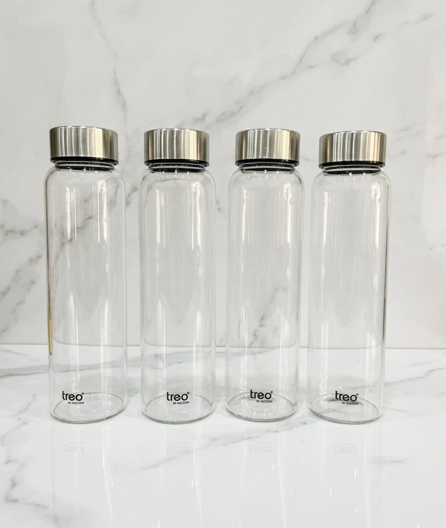 Treo by Milton Premium Glass Water Bottle Set with Stainless Steel Caps (Pack of 4) 10081841