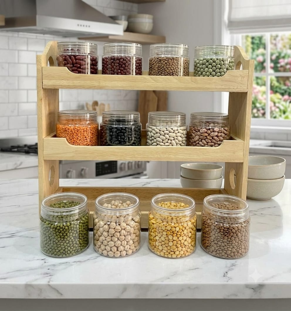 Premium 500 ML Steelo 3-Tier Wooden Spice Rack Organizer with 12 Pieces Transparent PET Jar Set (500ml)