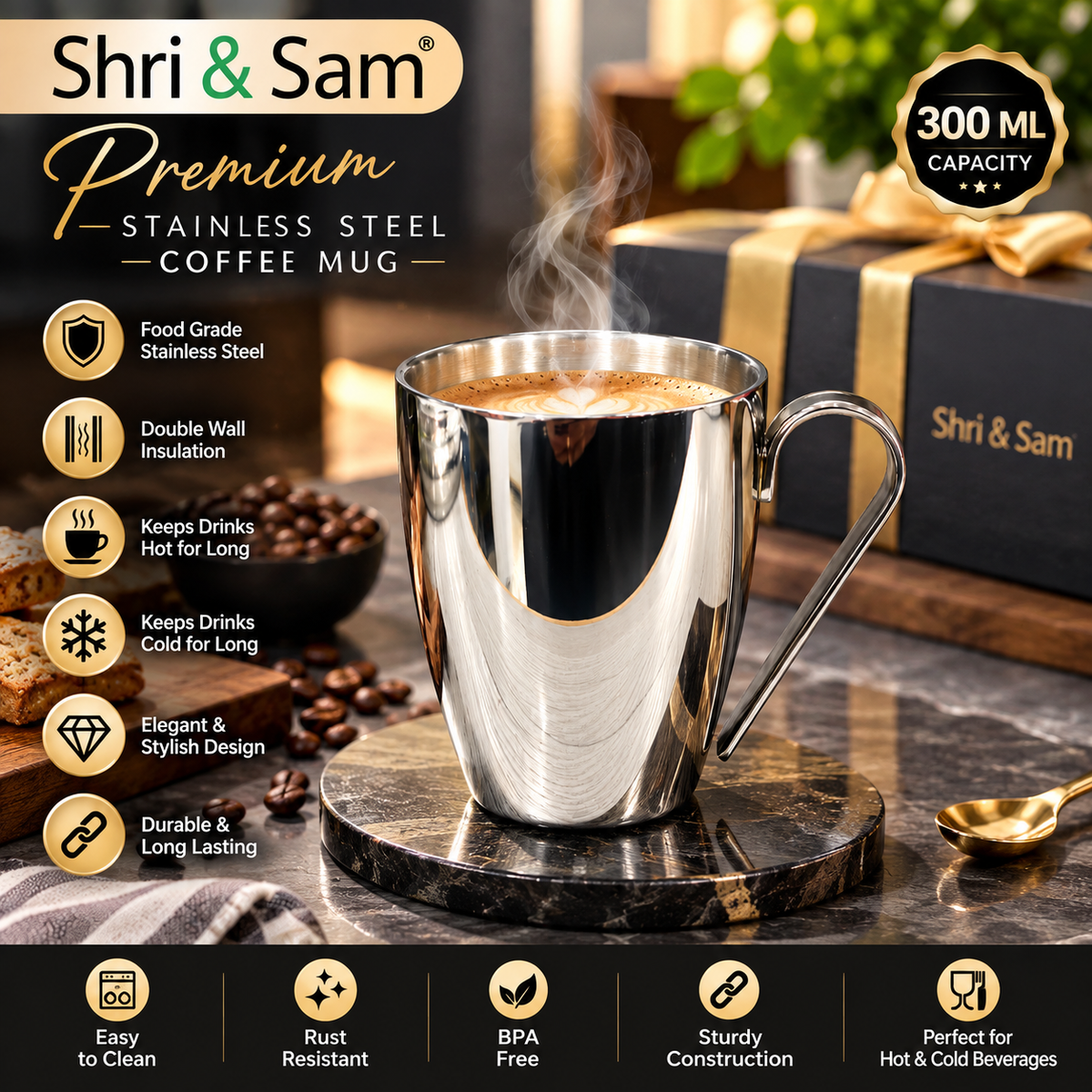 Shri & Sam Snob Double Wall Stainless Steel Coffee Mug with Handle, 300 ml