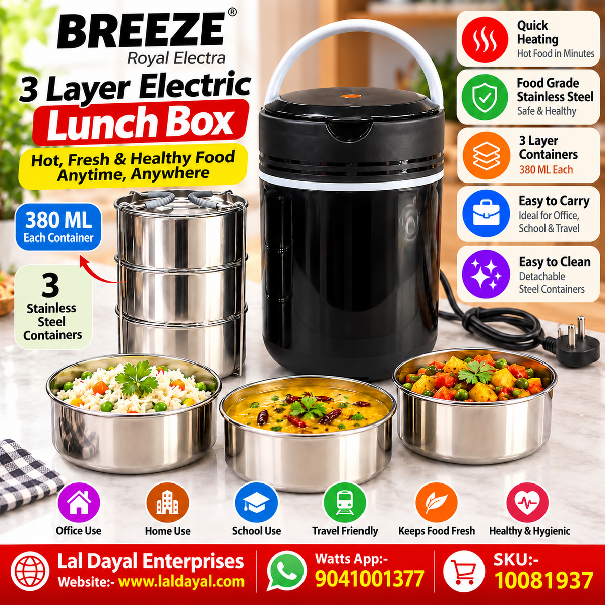 Breeze Royal Electra Electric Lunch Box – 3 Containers, 380 ml Each