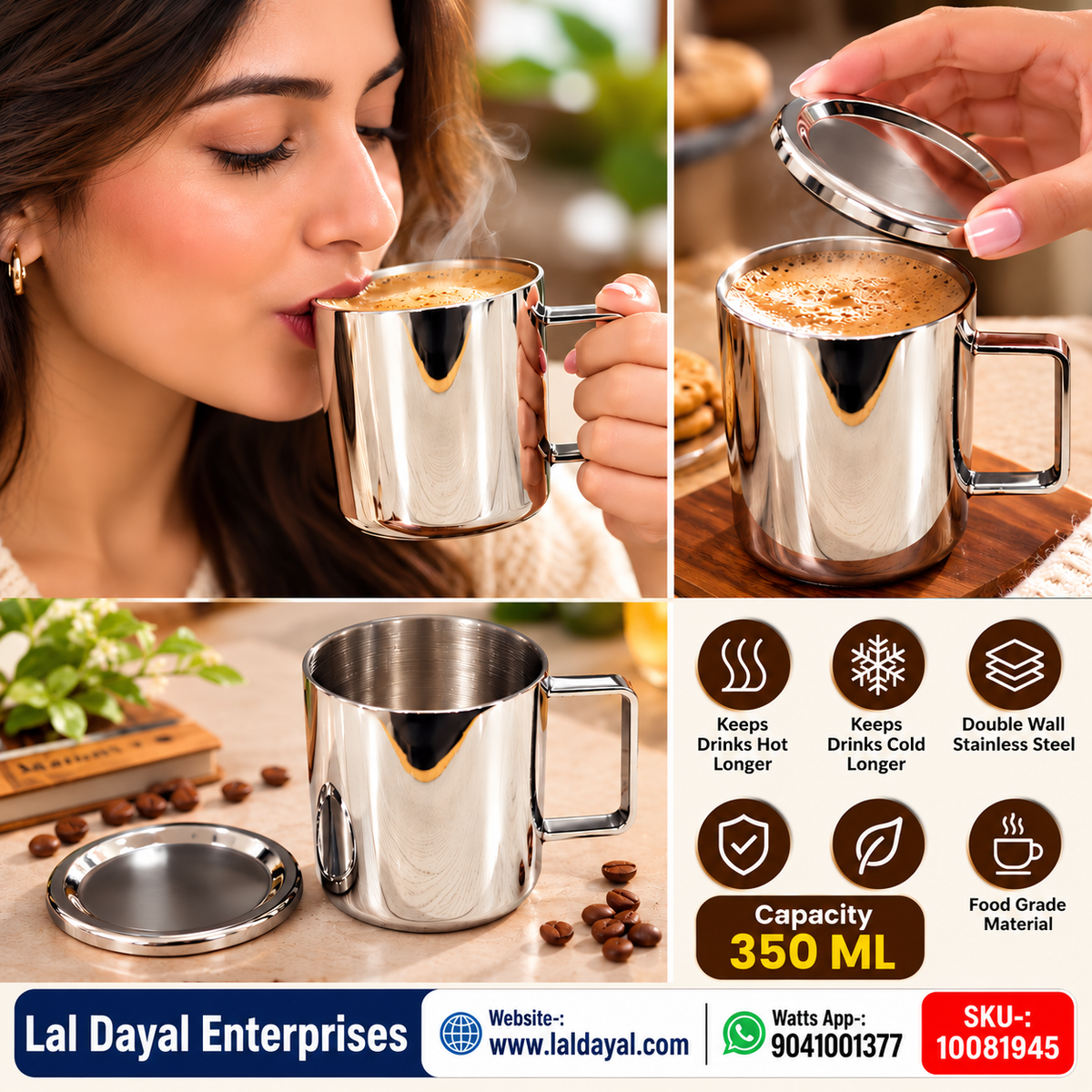 Shri & Sam Anaya Double Wall Stainless Steel Coffee Mug with Lid (350 ml)