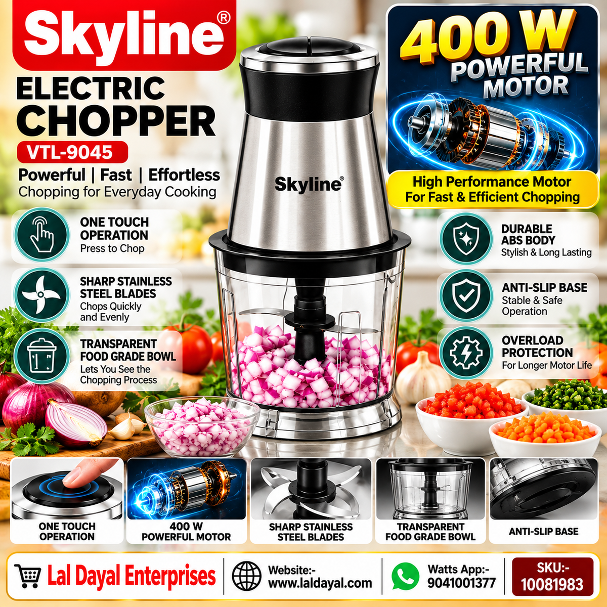 Skyline Electric Chopper VTL-9045 – 400W Powerful Motor with Stainless Steel Blades