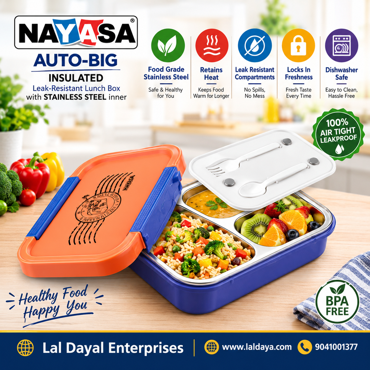 Nayasa Auto-Big Insulated Steel Lunch Box with Spoon & Fork