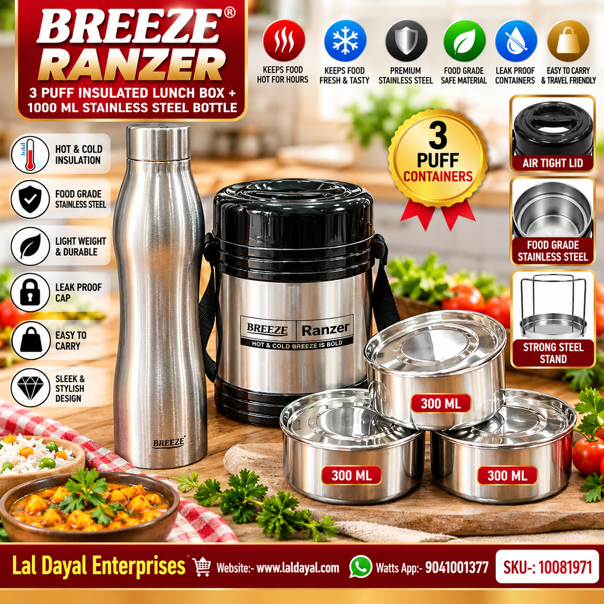 BREEZE Ranzer 3 Puff Insulated Lunch Box (3 × 300 ml) + 1 L Stainless Steel Bottle
