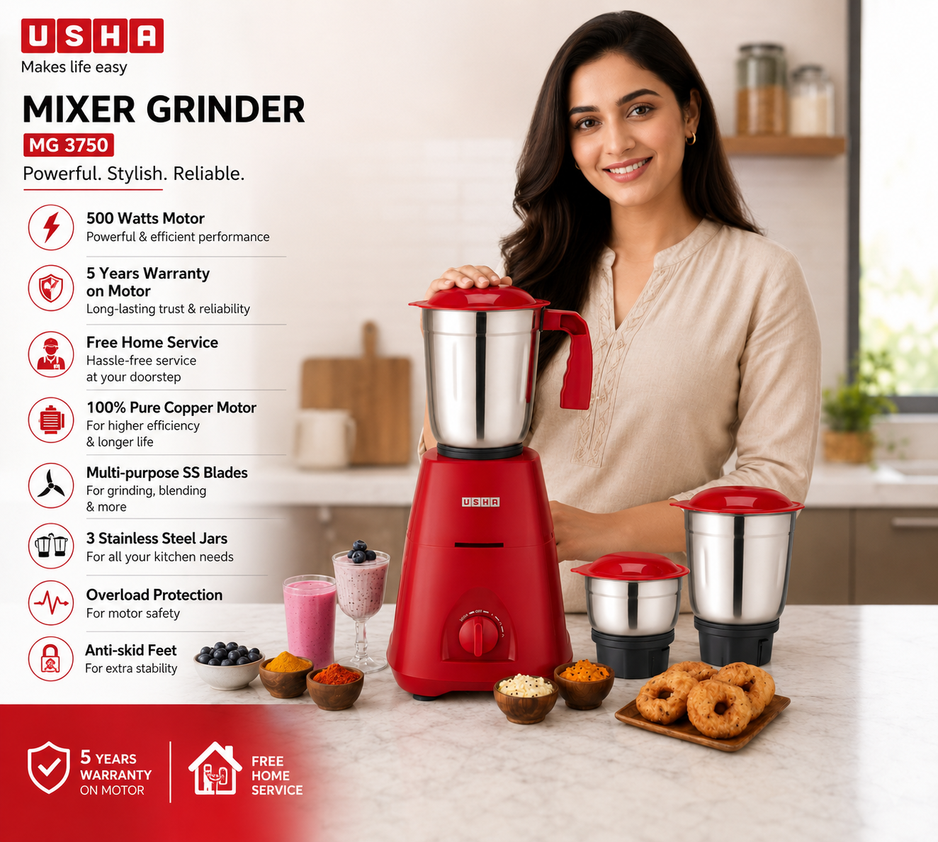 Usha MG3750 500W Mixer Grinder (Red) with 3 Stainless Steel Jars & 100% Pure Copper Motor