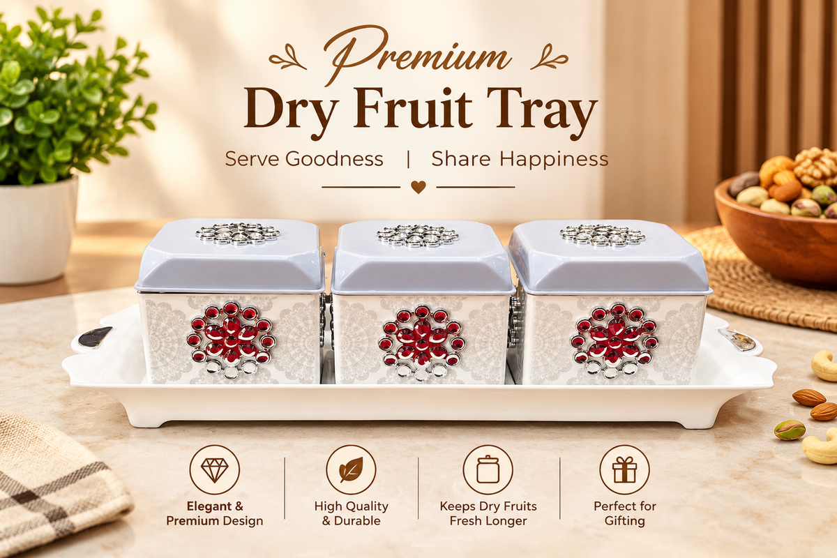 Nayasa Florentine Dry Fruit & Snack Serving Set (3 Containers + 1 Tray)