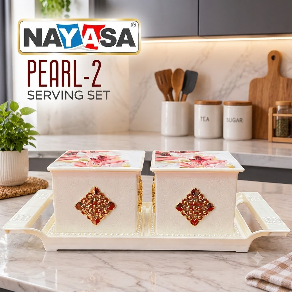 Nayasa Pearl 2-Piece Serving Set with Lids | Premium Insulated Casserole Set for Dining Table | Hot Serving Bowl Set (Set of 2)