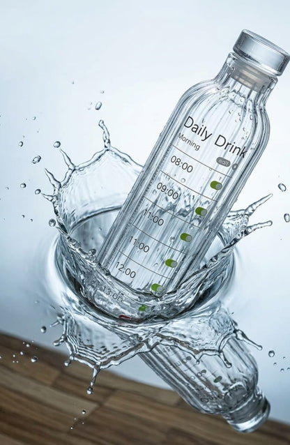 Premium Ribbed Glass Water Bottle with Hourly Time Markers | Clear Motivational Daily Drink Tracker