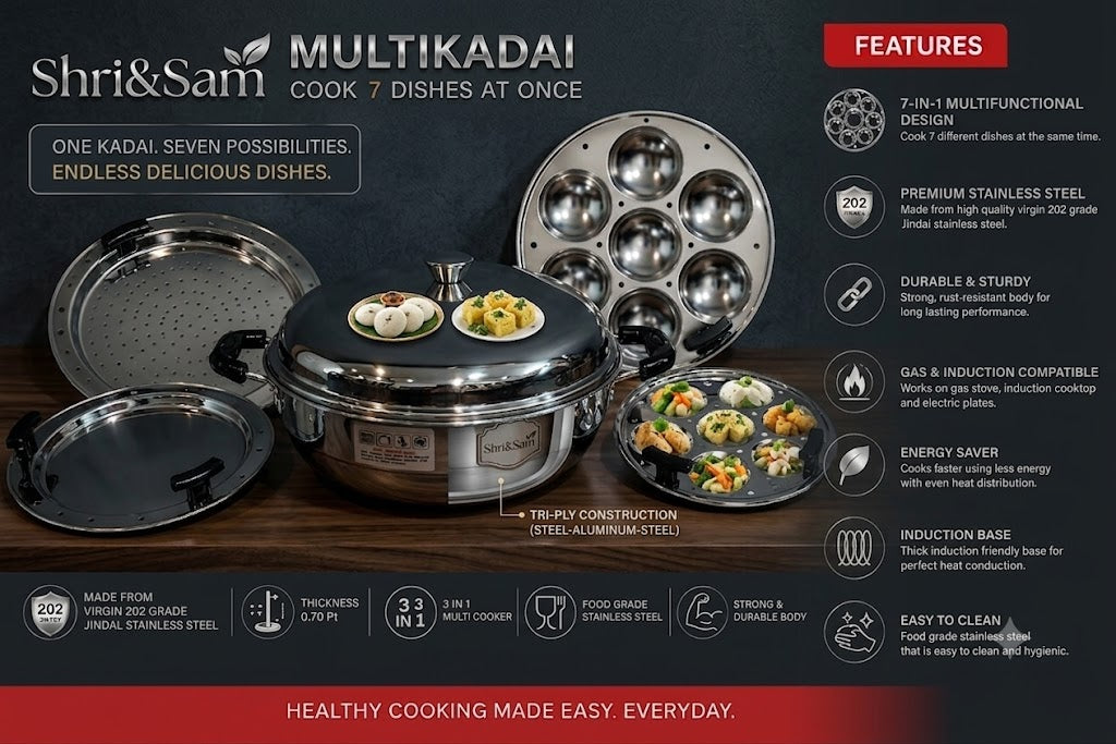 Shri & Sam Premium Stainless Steel Tri-Ply Multikadhai | 7-in-1 Multi-Purpose Cooker & Steamer Set with 5 Plates (Idli, Dhokla, Momo, Appam & Patra) | Gas & Induction Friendly (26 cm)