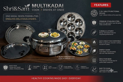 Shri & Sam Premium Stainless Steel Tri-Ply Multikadhai | 7-in-1 Multi-Purpose Cooker & Steamer Set with 5 Plates (Idli, Dhokla, Momo, Appam & Patra) | Gas & Induction Friendly (26 cm)