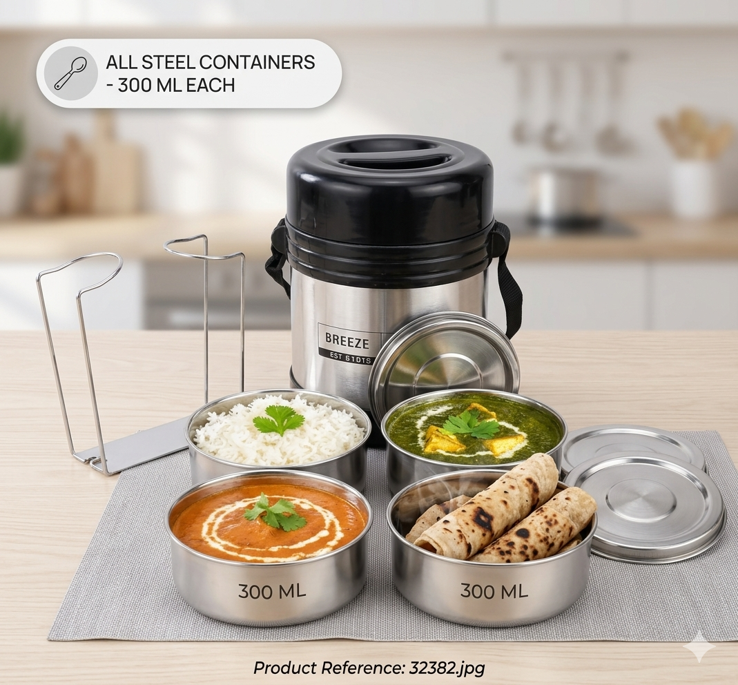 Breeze Ranzer 4-Tier Hot & Cold Tiffin Box with SS304 Grade Food Containers (350 ML x 4)