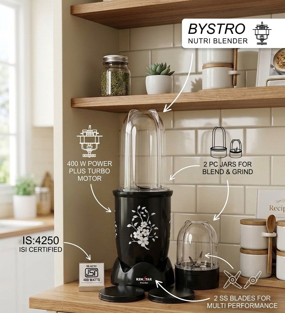 Kenstar Bystro 400W Nutri Blender | 2 Jars for Blending & Grinding (Black)