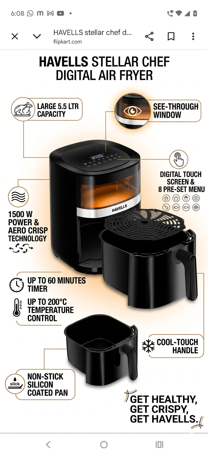Havells Stellar Chef Digital Air Fryer | 5.5 Ltr Capacity & See-Through Window (1500W)