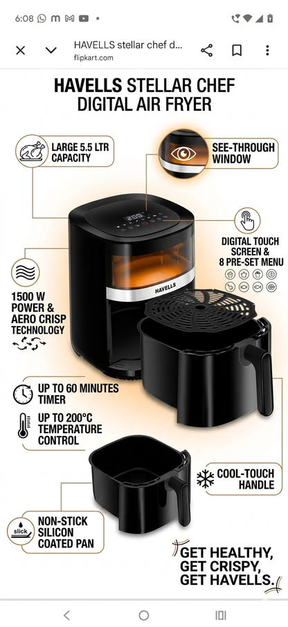 Havells Stellar Chef Digital Air Fryer | 5.5 Ltr Capacity & See-Through Window (1500W)