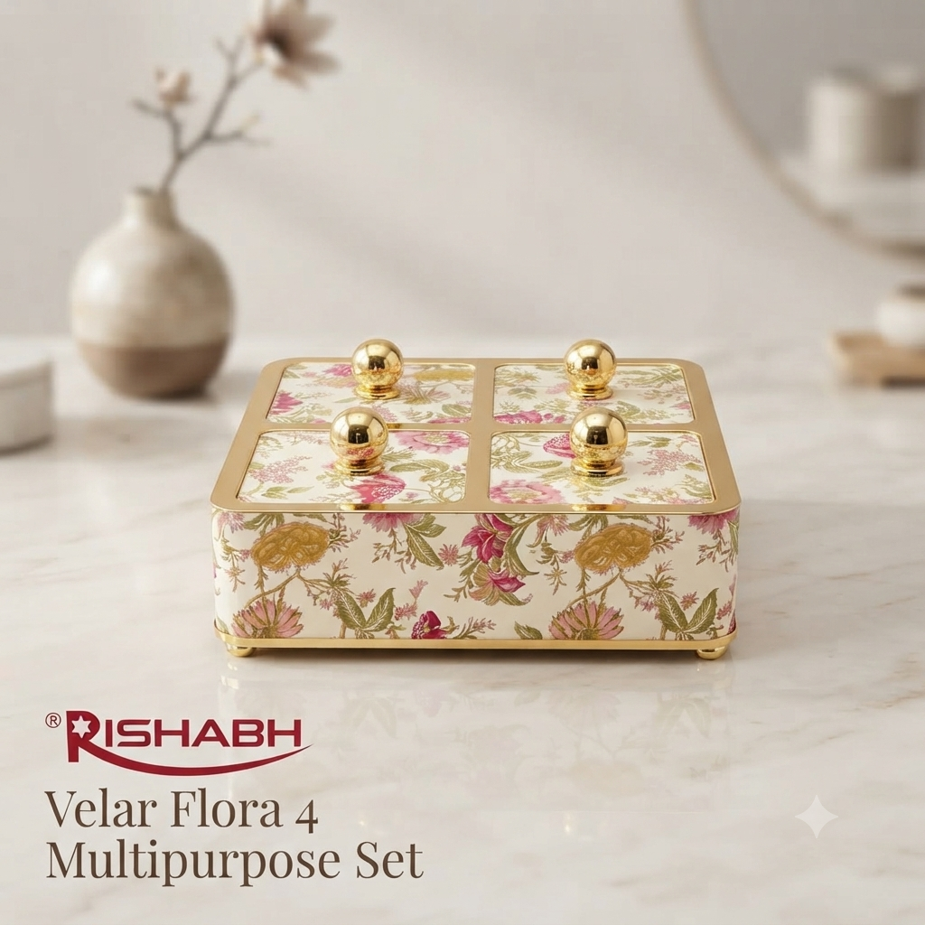 Rishabh Velar Flora Decorative 4-Section Multipurpose Serveware Tray with Lid