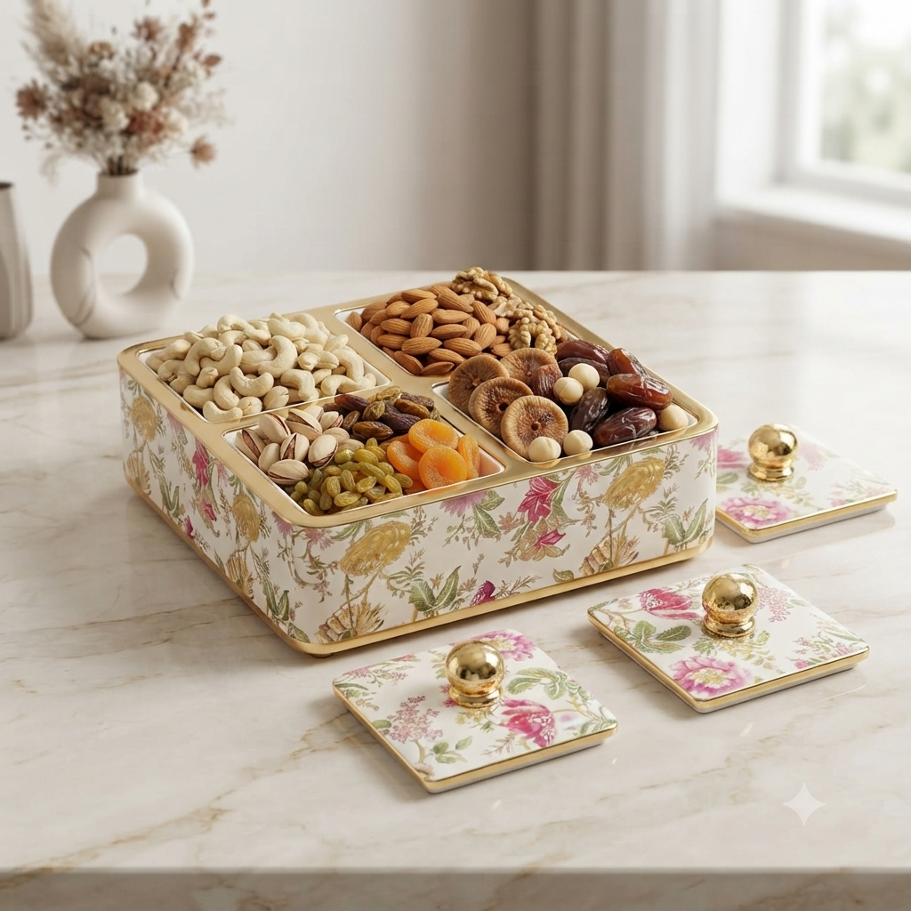 Rishabh Velar Flora Decorative 4-Section Multipurpose Serveware Tray with Lid