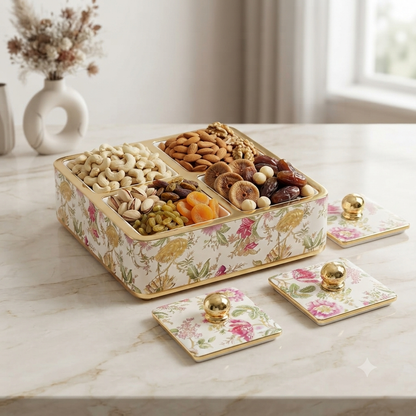 Rishabh Velar Flora Decorative 4-Section Multipurpose Serveware Tray with Lid