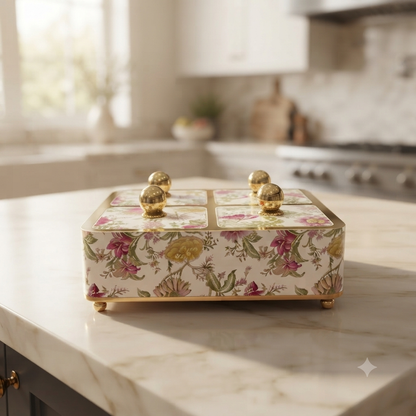 Rishabh Velar Flora Decorative 4-Section Multipurpose Serveware Tray with Lid