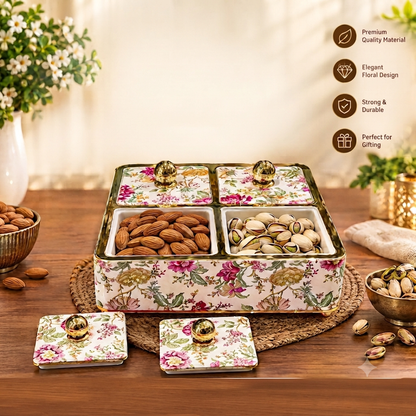 Rishabh Velar Flora Decorative 4-Section Multipurpose Serveware Tray with Lid