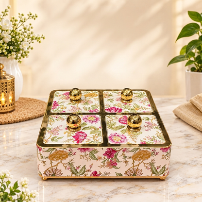 Rishabh Velar Flora Decorative 4-Section Multipurpose Serveware Tray with Lid