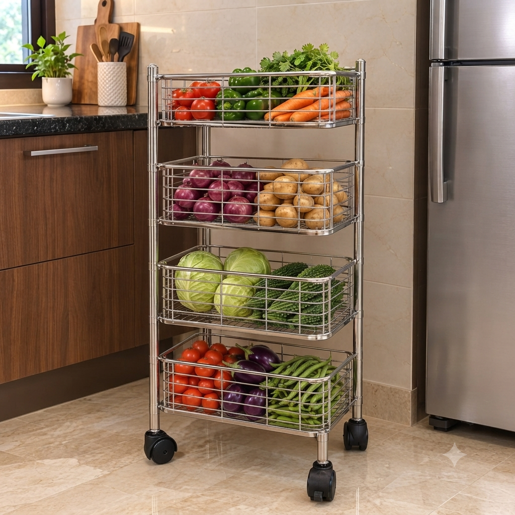 4 Tier Stainless Steel Kitchen Trolley with Sliding Baskets & Wheels | Multipurpose Vegetable & Storage Rack
