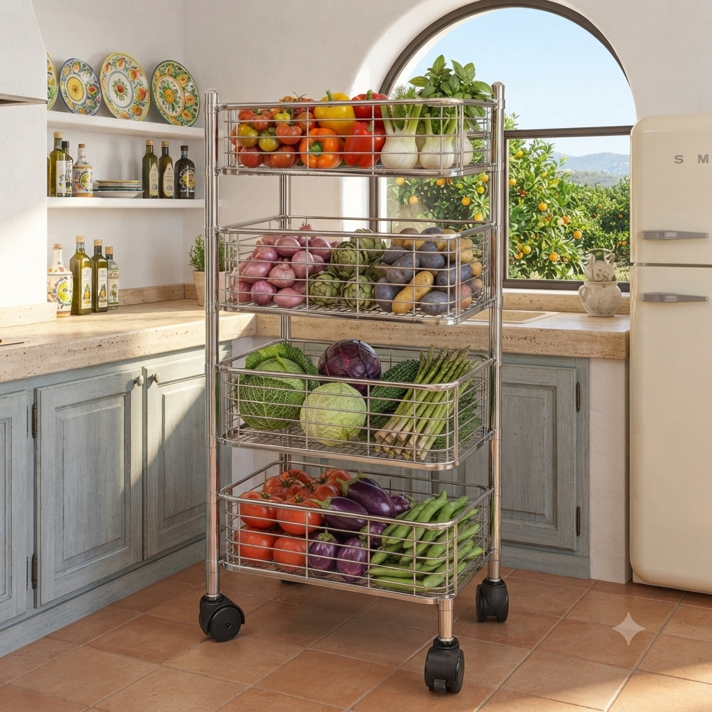 4 Tier Stainless Steel Kitchen Trolley with Sliding Baskets & Wheels | Multipurpose Vegetable & Storage Rack