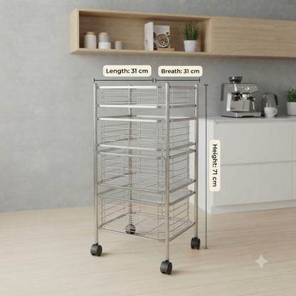 4 Tier Stainless Steel Kitchen Trolley with Sliding Baskets & Wheels | Multipurpose Vegetable & Storage Rack