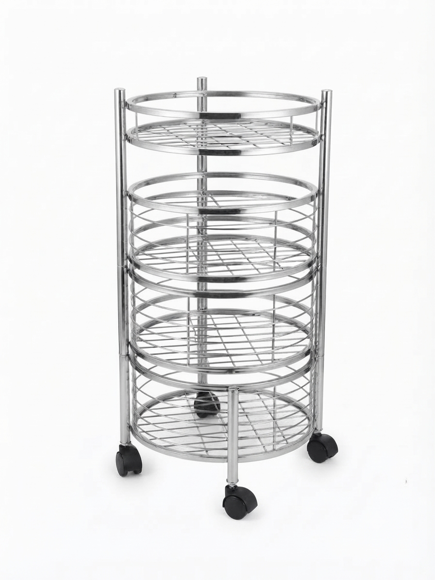 4 Tier Stainless Steel Round Kitchen Trolley with Sliding Baskets & Wheels