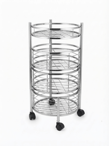 4 Tier Stainless Steel Round Kitchen Trolley with Sliding Baskets & Wheels