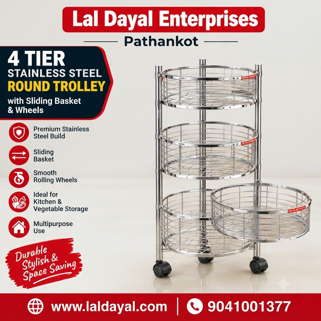 4 Tier Stainless Steel Round Kitchen Trolley with Sliding Baskets & Wheels