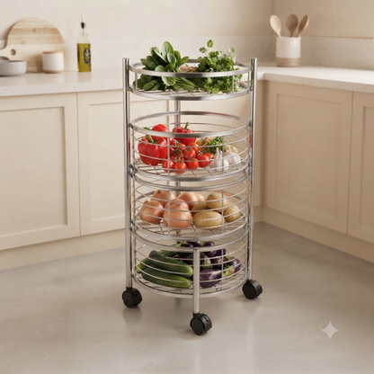4 Tier Stainless Steel Round Kitchen Trolley with Sliding Baskets & Wheels