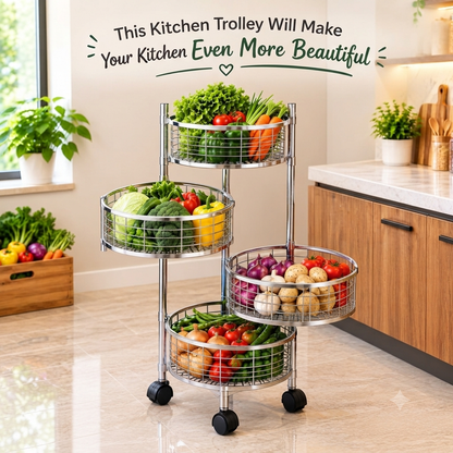 4 Tier Stainless Steel Round Kitchen Trolley with Sliding Baskets & Wheels