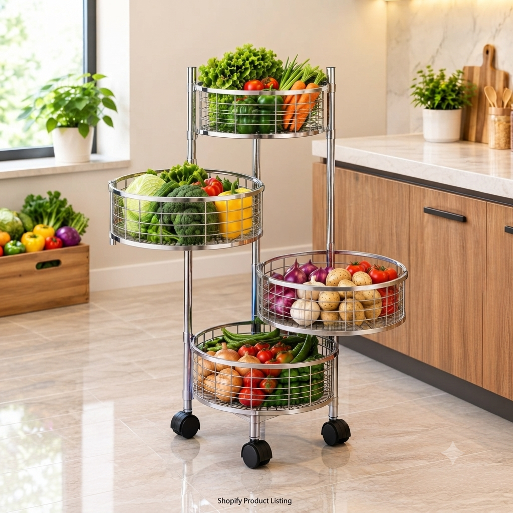 4 Tier Stainless Steel Round Kitchen Trolley with Sliding Baskets & Wheels