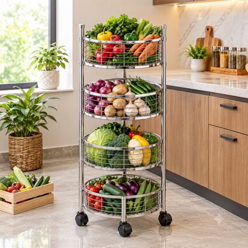 4 Tier Stainless Steel Round Kitchen Trolley with Sliding Baskets & Wheels