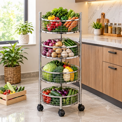 4 Tier Stainless Steel Round Kitchen Trolley with Sliding Baskets & Wheels