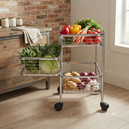 3 Tier Stainless Steel Square Trolley with Sliding Baskets & Wheels | Multipurpose Kitchen Vegetable Storage Rack | Space-Saving Utility Organizer