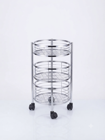 3 Tier Stainless Steel Round Kitchen Trolley with Rotating Baskets & Wheels | Multipurpose Fruit & Vegetable Storage Rack